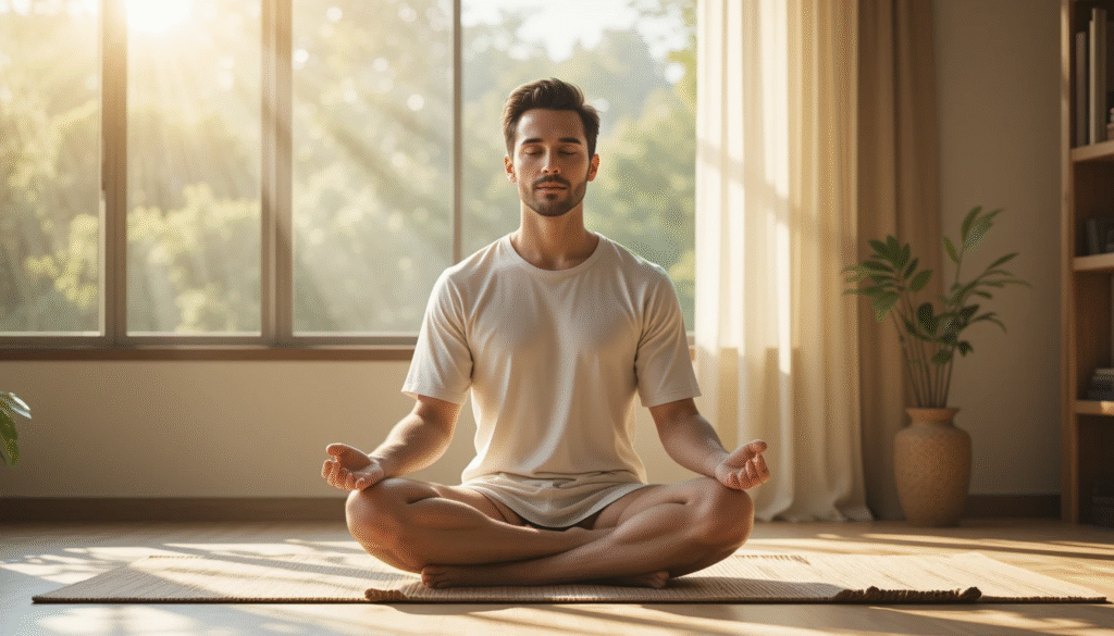 Ramesh practicing meditation, calm and focused mind, peaceful indoor setting, spiritual illustration